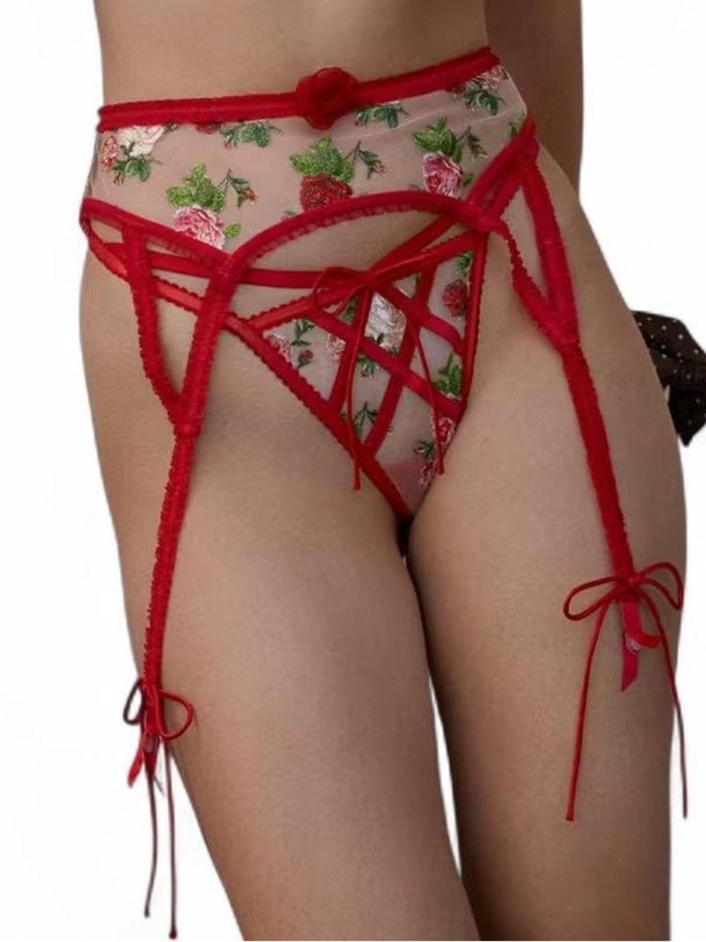 For Love and Lemons Red Bow and Rosette embellished NWT Garter and Thong Set